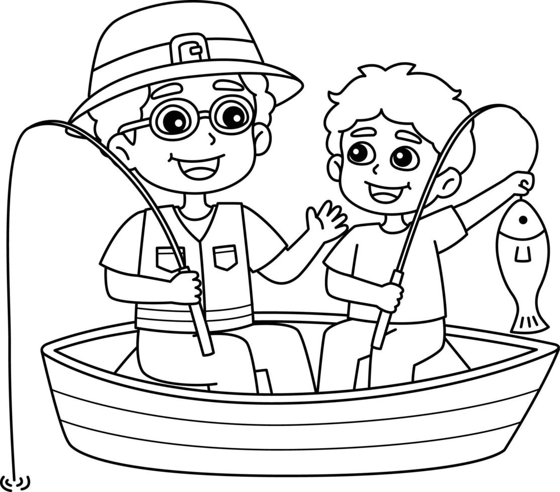 Father and Son Fishing Isolated Coloring Page vector