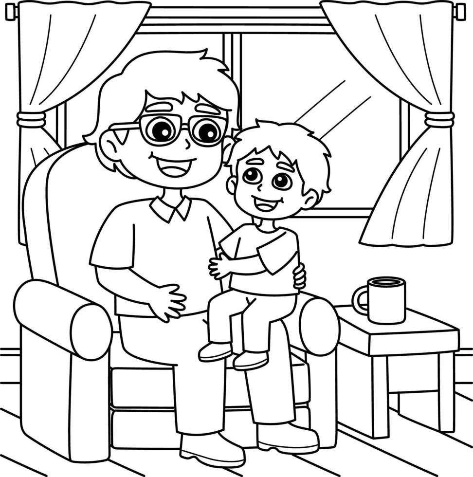Son Sitting on Fathers Lap Coloring Page for Kids vector
