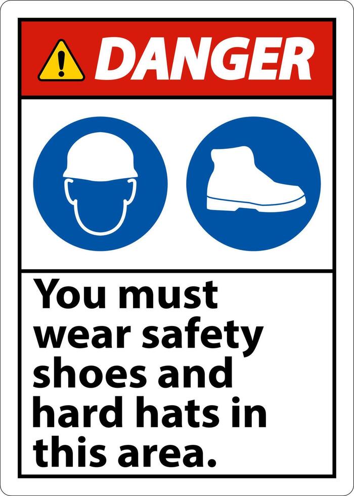 Danger Sign, You Must Wear Safety Shoes And Hard Hats In This Area vector