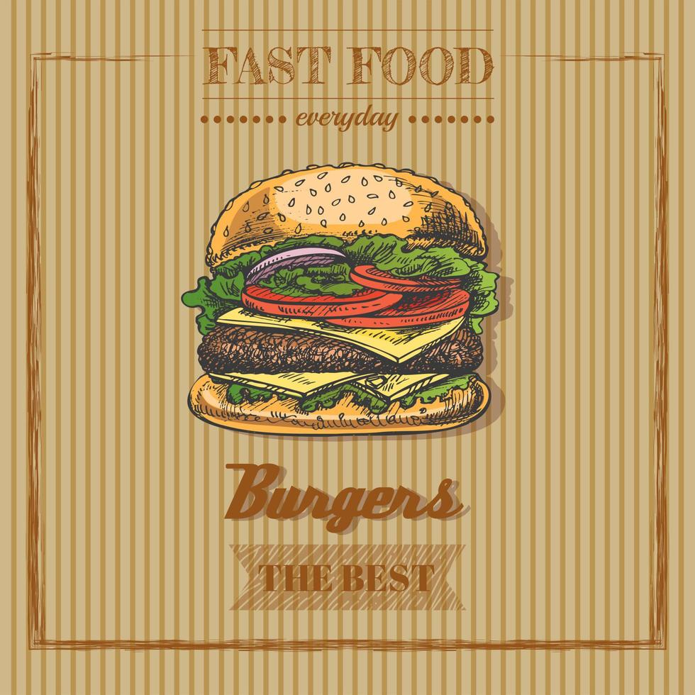 Fast food  menu. Vintage vector illustration. Hand-drawn sketch illustration of burger isolated on vintage  background. Great for menu, poster or restaurant background.