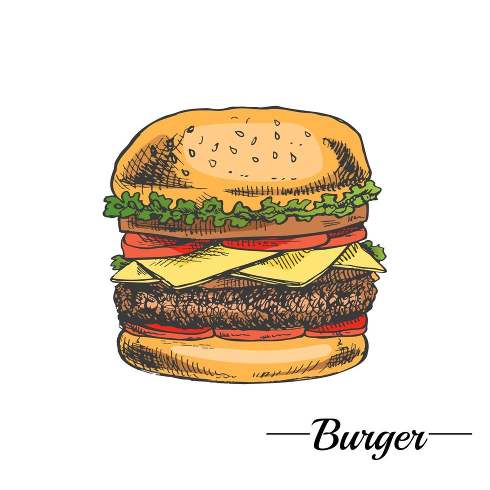 Hand-drawn colored sketch of great delicious sandwich, burger, hamburger isolated on white background. Fast food vintage illustration. Great for menu, poster or restaurant background. vector