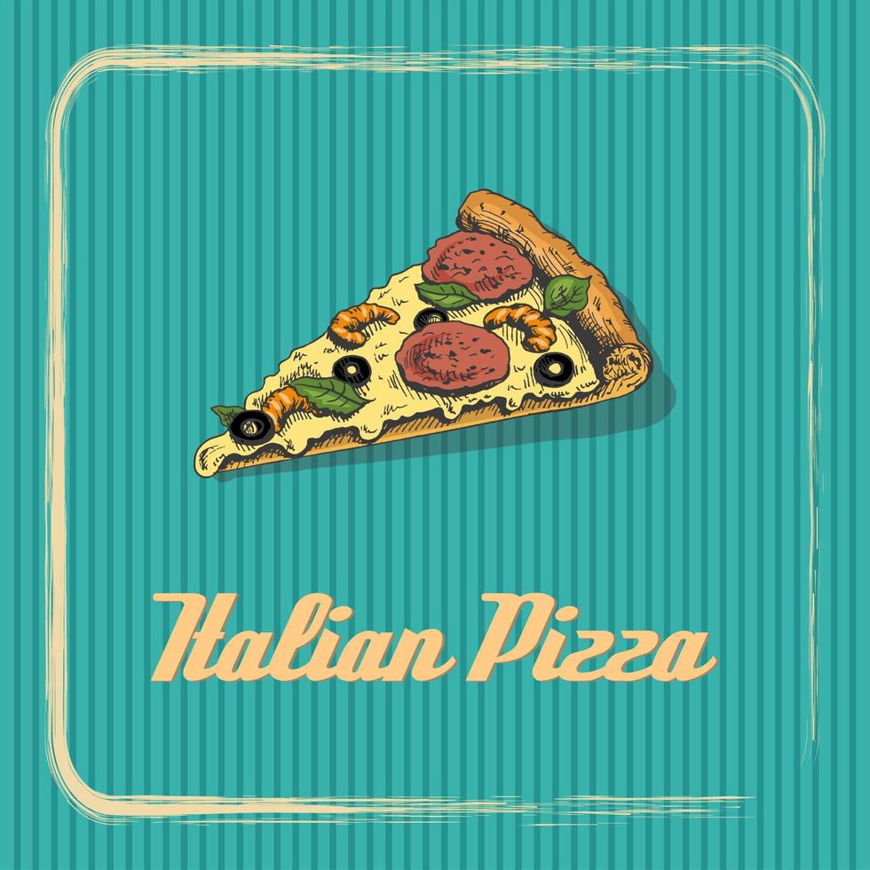 Clásico bandera con un rebanada de italiano Pizza. bosquejo, grabado. vector dibujado a mano comida para menú, publicidad o embalaje.