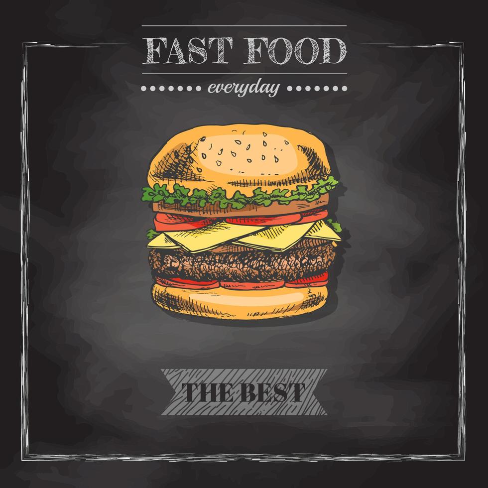 Fast food  menu. Vintage vector illustration. Hand-drawn sketch illustration of burger isolated on chalkboard  background. Great for menu, poster or restaurant background.