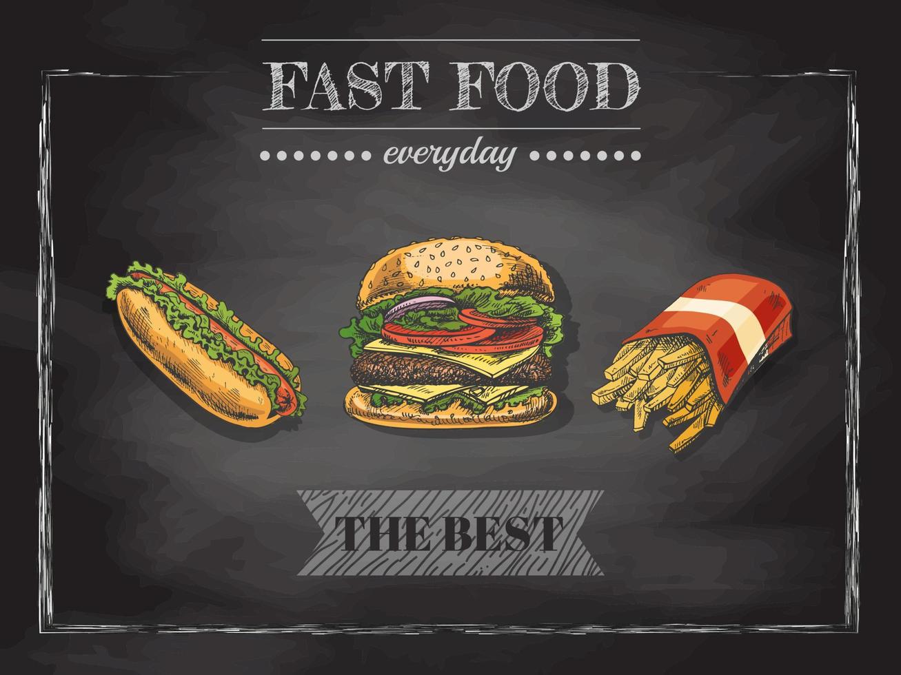 Fast food menu.  Vintage vector illustration. Hand-drawn sketch illustration of fast food isolated on chalkboard  background. Great for menu, poster or restaurant background.