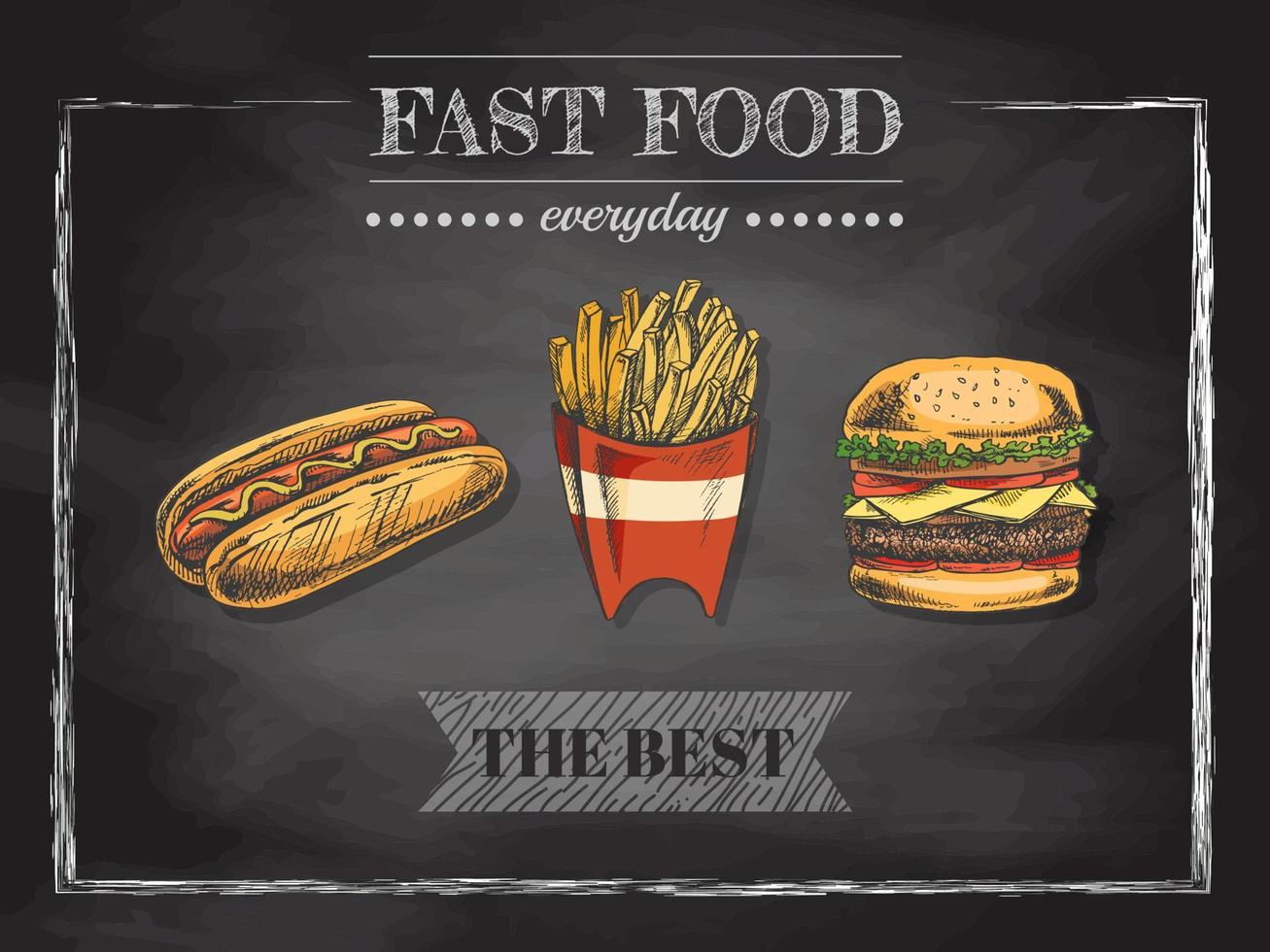 Fast food menu.  Vintage vector illustration. Hand-drawn sketch illustration of fast food isolated on chalkboard  background. Great for menu, poster or restaurant background.