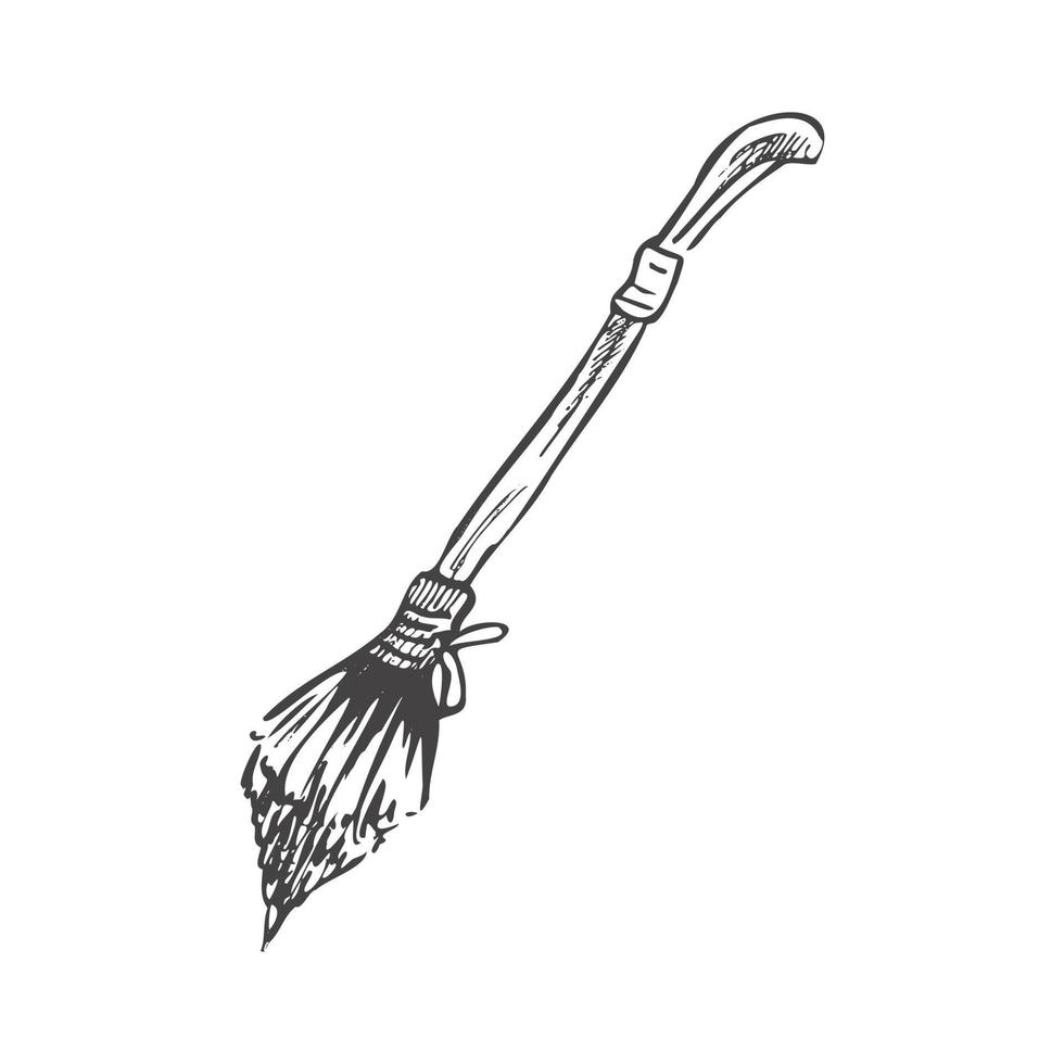Hand drawn sketch of magic broom. Element of witchcraft. Symbol of magic.  A vehicle for the witch.  Tattoo broomstick or print for Halloween or all saints ' day. Vector illustration.