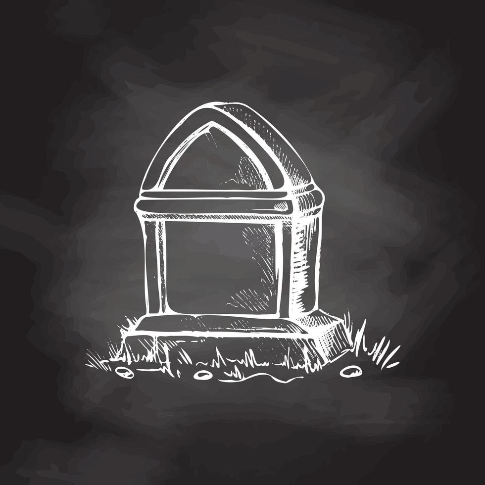 Old hand drawn murble stone tombstone  isolated on chalkboard background. Rest in peace vector drawing illustration for funeral service, card or last farewell card. Sketch of  grave or cemetery