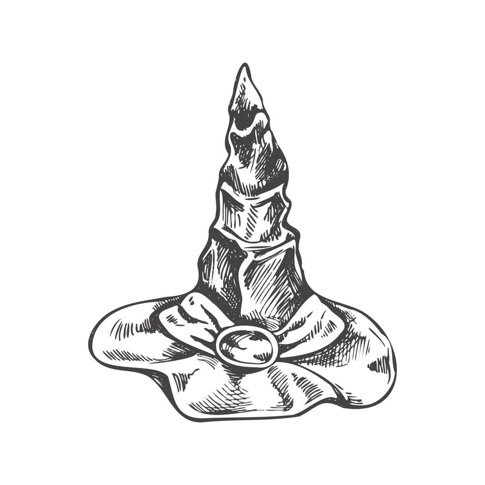 Vintage illustration for Halloween. A hand-drawn sketch of a witch's pointed hat isolated on white background. Vector illustration.