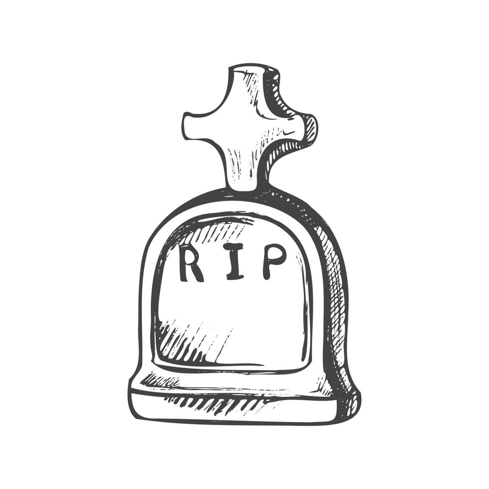 Old hand drawn murble stone tombstone with christian cross and title R.I.P. Rest in peace vector drawing illustration for funeral service, card or last farewell card. Sketch of  grave or cemetery