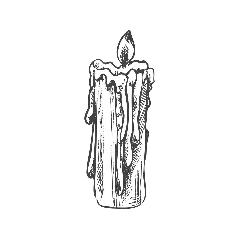 Hand drawn sketch of  burning candle. Vector illustration of a vintage style.  Halloween or Christmas drawing.