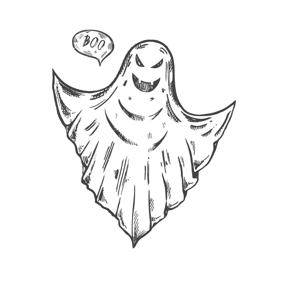 Hand drawn sketch of ghost isolated on white background. Scary white ghost. Happy Halloween. Cute vintage spooky character.  Vector illustration for posters, decoration and print.