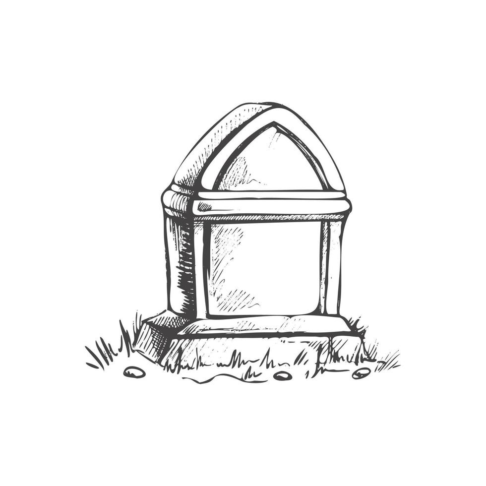 antiguo mano dibujado murmullo Roca lápida sepulcral. descanso en paz vector dibujo ilustración para funeral servicio, tarjeta o último despedida tarjeta. bosquejo de tumba o cementerio, descansando sitio