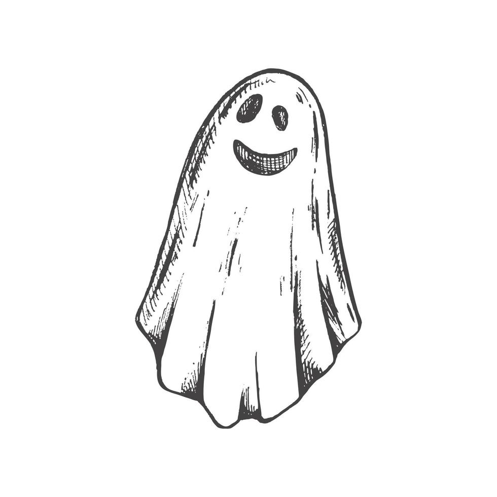 Hand drawn sketch of ghost isolated on white background. Scary white ghost. Happy Halloween. Cute vintage spooky character.  Vector illustration for posters, decoration and print.