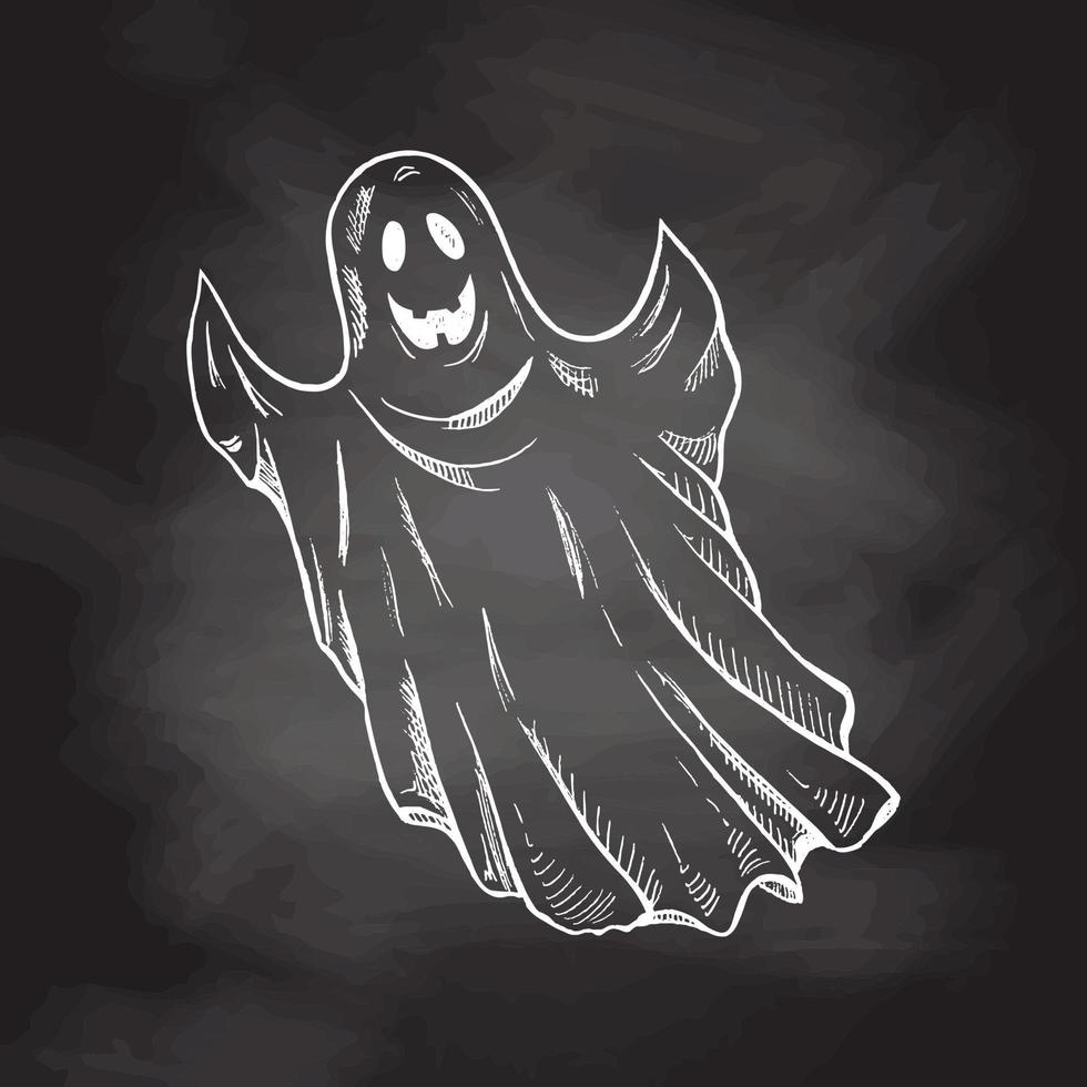 Hand drawn white sketch of ghost isolated on chalkboard  background. Scary white ghost. Happy Halloween. Cute vintage spooky character. Vector illustration for posters, decoration and print.