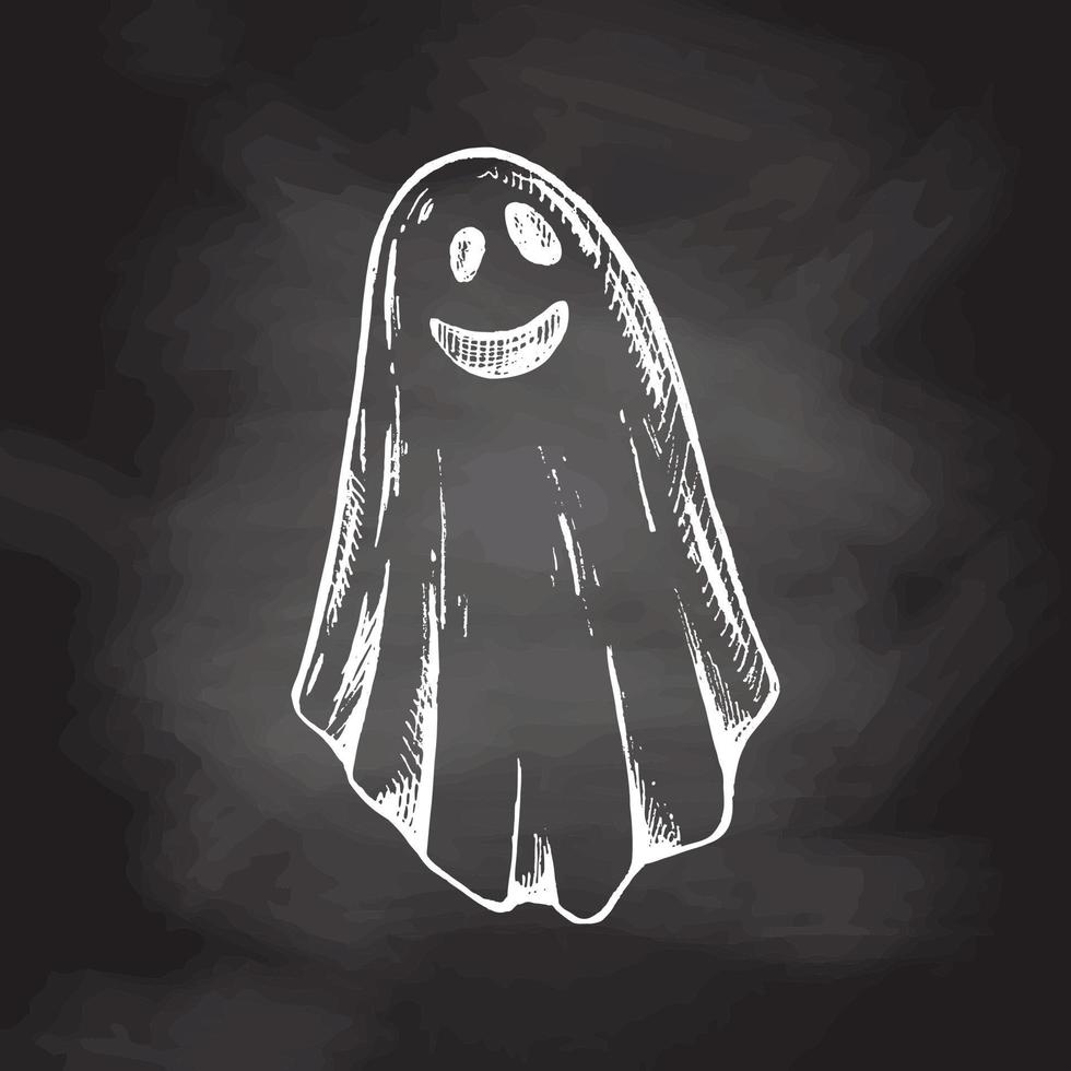 Hand drawn white sketch of ghost isolated on chalkboard  background. Scary white ghost. Happy Halloween. Cute vintage spooky character. Vector illustration for posters, decoration and print.