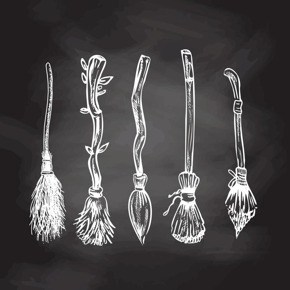 Hand drawn sketch of magic brooms set isolated on chalkboard background. Element of witchcraft. Symbol of magic.  A vehicle for the witch.  Halloween or all saints ' day. vector