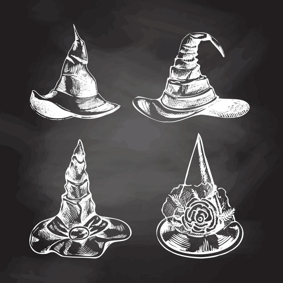 Vintage illustration for Halloween. A hand-drawn white sketch of a witch's pointed hat isolated on chalkboard background. Drawing set. Vector illustration.