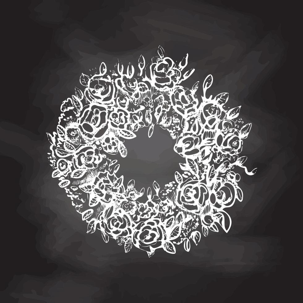 Funeral mortuary mourning flower wreath isolated on chalkboard background. Hand drawn vector isolated symbol of cemetery and burial place. Sketch vintage illustration for design of funeral service