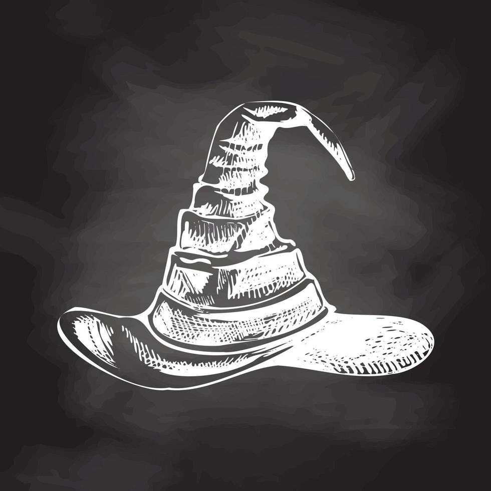 Vintage illustration for Halloween. A hand-drawn white sketch of a witch's pointed hat isolated on chalkboard  background. Drawing set. Vector illustration.