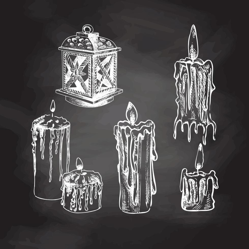 A hand-drawn set of burning candles and an old lantern - candlestick  isolated on chalkboard background. Vector illustration of the sketch style. Vintage drawing for Halloween or Christmas.
