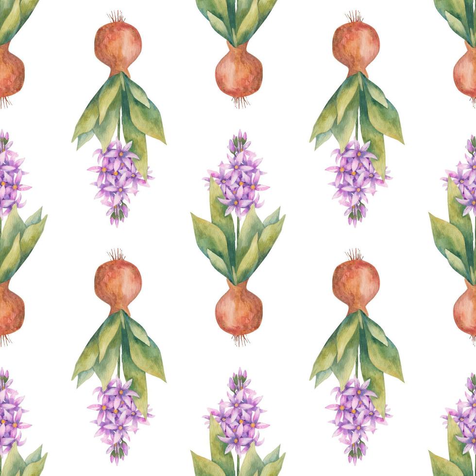 Watercolor background with blossoming hyacinths. Endless wallpaper with flowers. Hyacinth. Watercolor illustration. Hand drawn vector