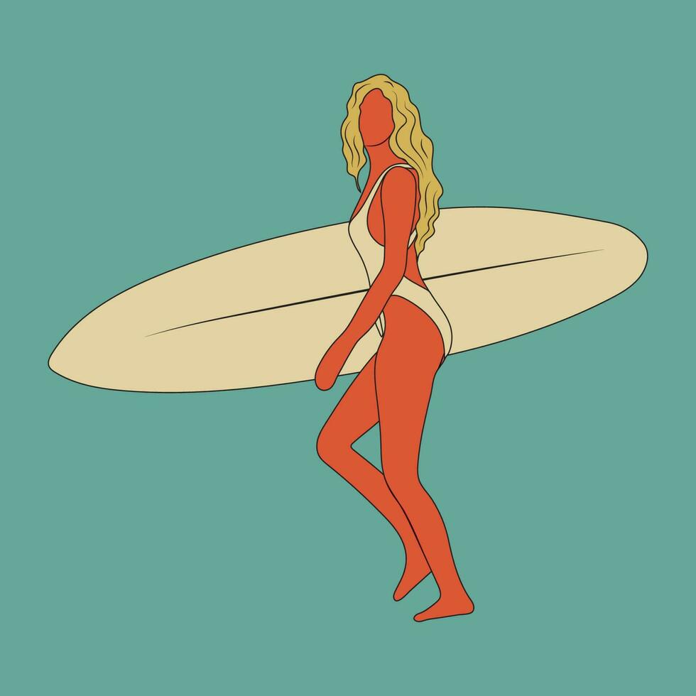 navegar niña minimalista vector ilustración. plano estilo digital Arte. joven mujer con tabla de surf en lleno crecimiento