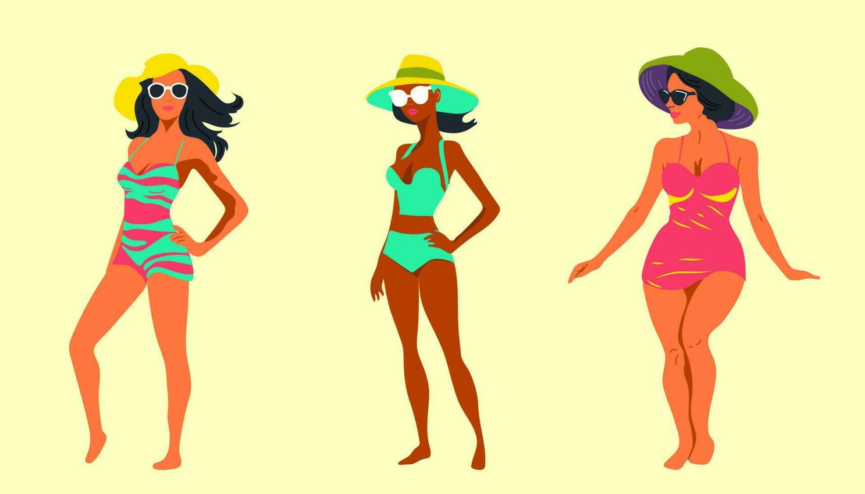 conjunto de Tres hermosa joven mujer en sombrero. muchachas en traje de baño es broncearse debajo verano Dom. plano vector ilustración aislado antecedentes
