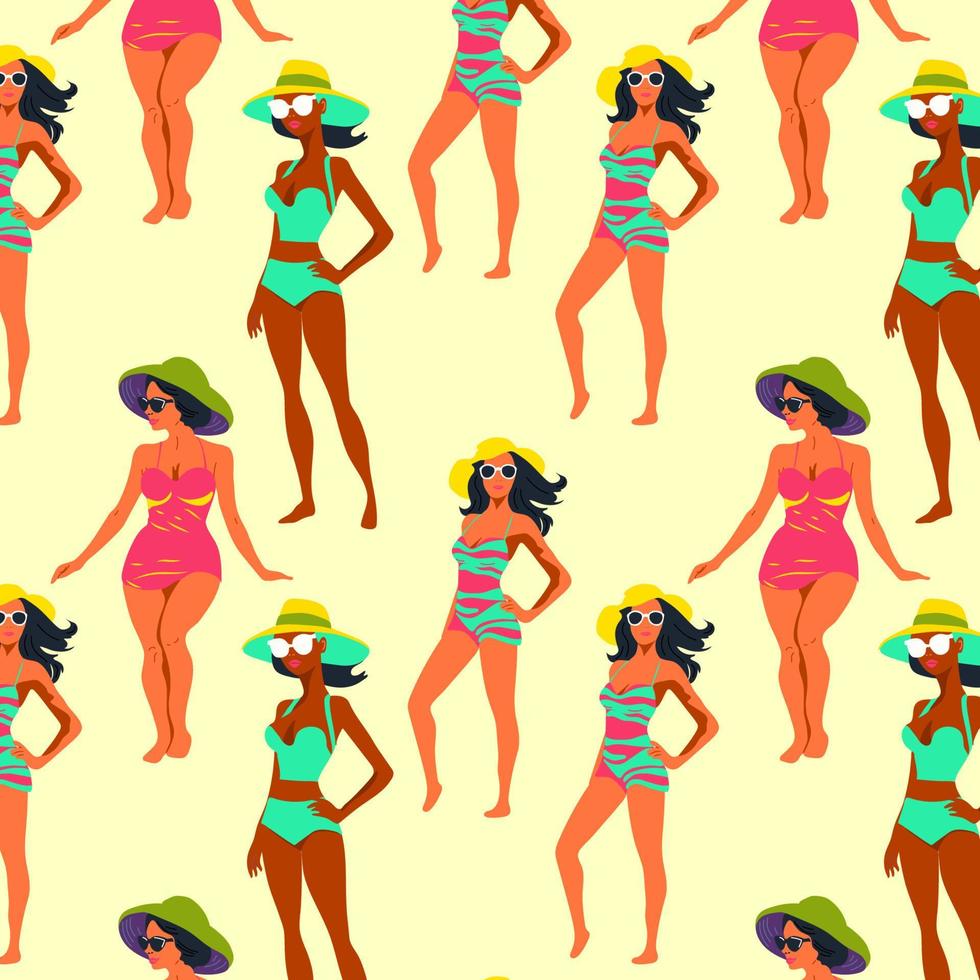 Seamless pattern with Beautiful young women in hat. Girls in swimsuit is sunbathing under summer sun. vector