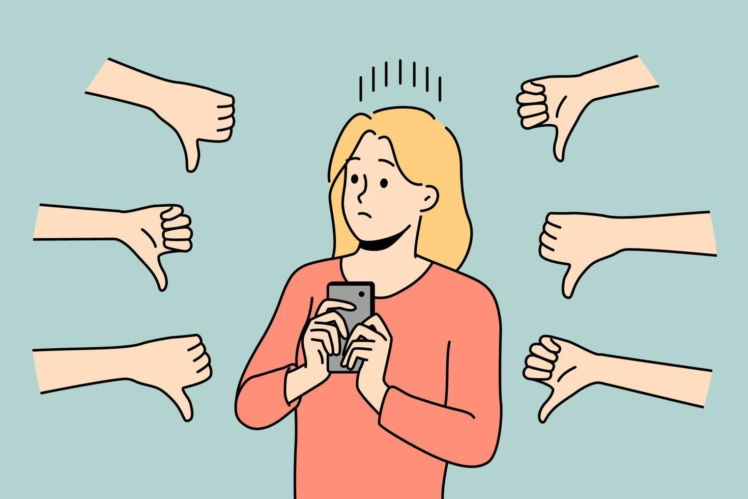 Distressed woman with cellphone displeased with negative feedbacks. Unhappy female influencer unhappy with bad comments on posts on social media. Vector illustration.