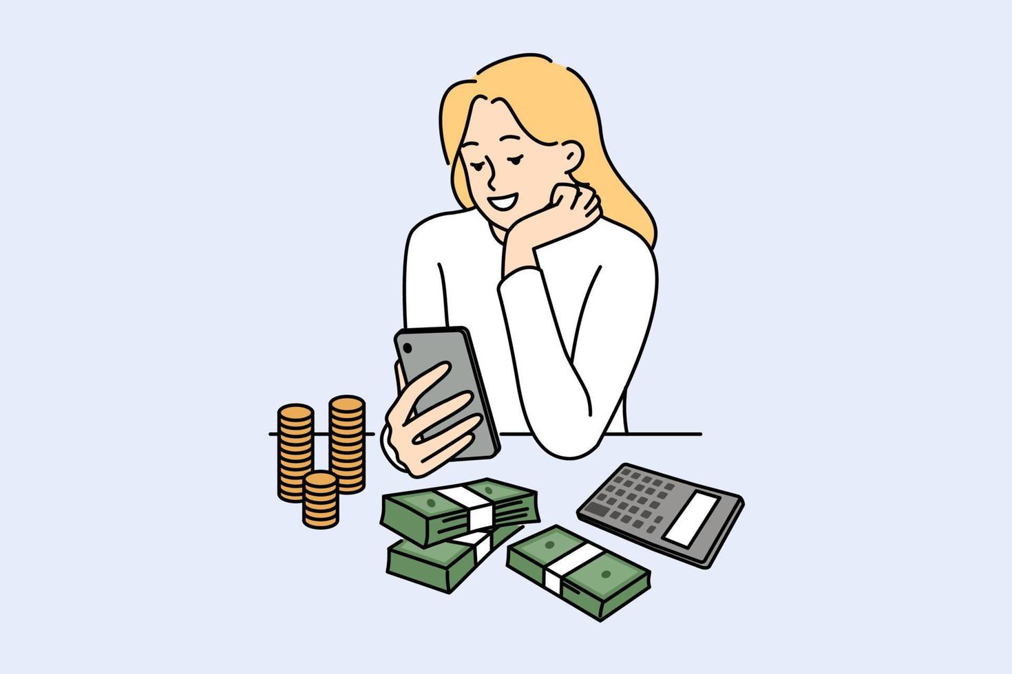 sonriente mujer sentar a escritorio contar dinero gestionar presupuesto. contento hembra creciente ahorros cuidado acerca de financiero gastos. Finanzas y economía. vector ilustración.