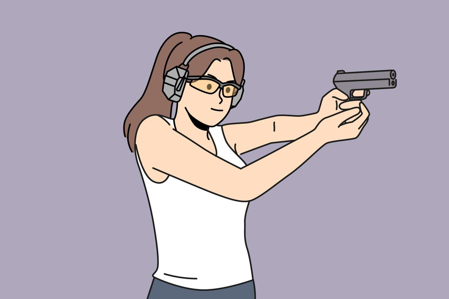 mujer en lentes y auriculares objetivo con cañonazo. hembra práctica con pistola para autodefensa. vector ilustración.