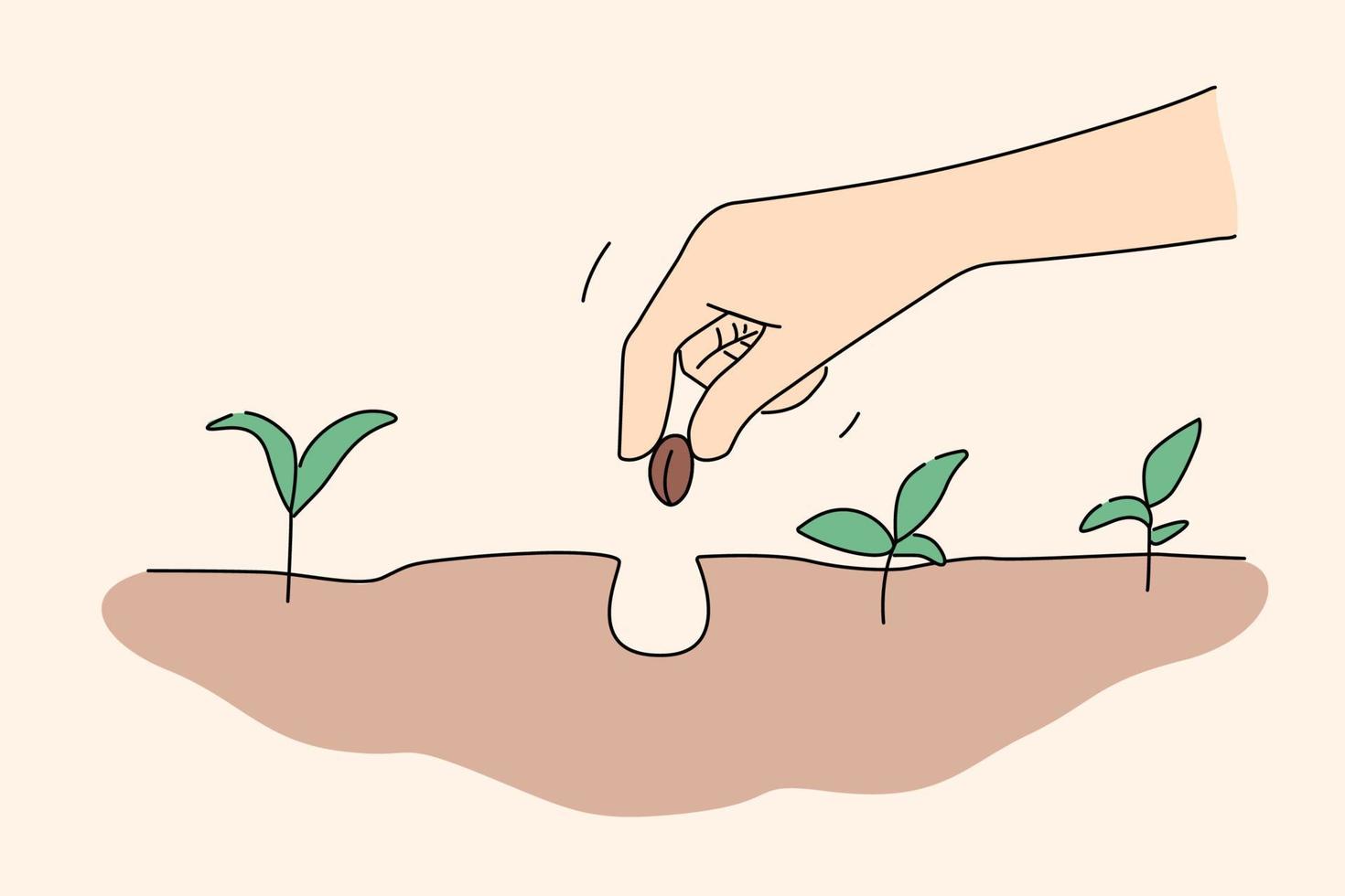 Close up of person hand put seed in soil. Farmer plant nut in ground engaged in gardening. Farming and agriculture. Vector illustration.