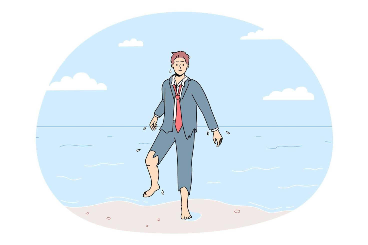 Confused businessman in torn suit walk out of ocean into beach. Frustrated male employee save after crash walk to seashore. Vector illustration.