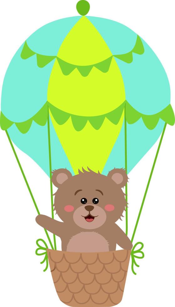 Vector illustration of a bear on a balloon. Cartoon cute bear is flying in a balloon. Isolated vector illustration. Children's illustration.