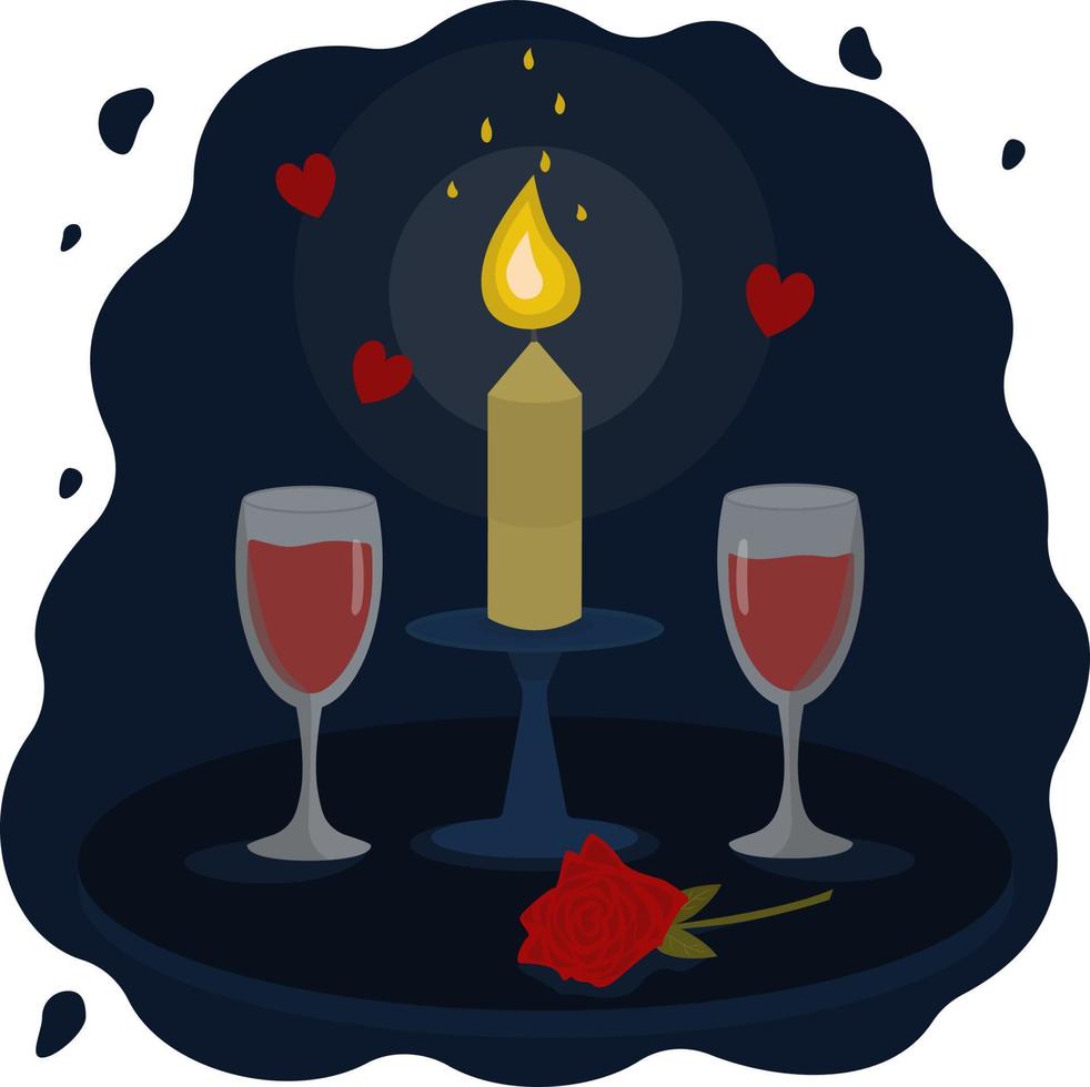 Glasses of wine, a red rose and a candle. Decorative elements of a wedding celebration. Valentine's Day, March 8th.Romantic postcard.  website or mobile application, advertising, printing. vector