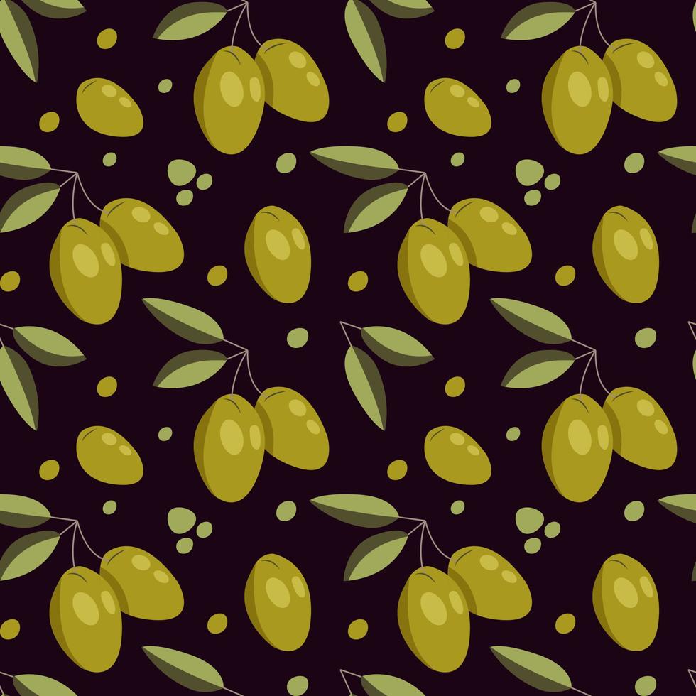 Vector seamless pattern with green olives on dark. Background design for olive oil, natural cosmetics.