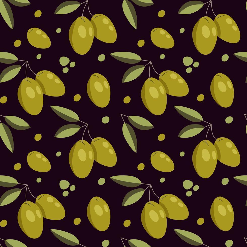 Vector seamless pattern with green olives on dark. Background design for olive oil, natural cosmetics.