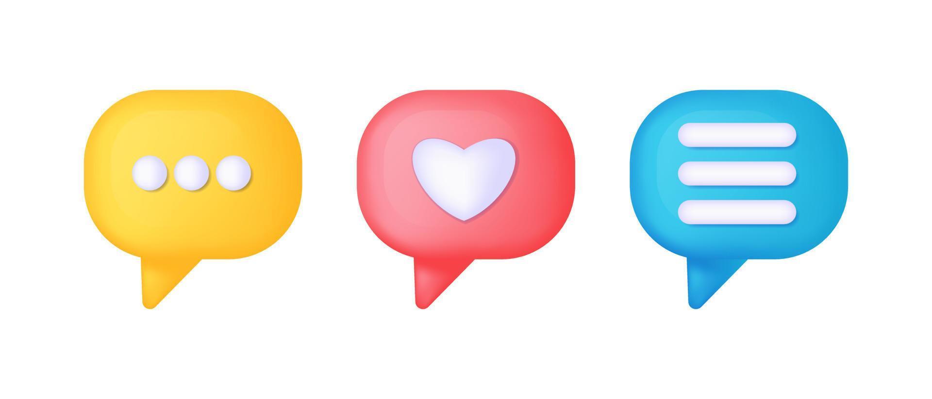 3d hacer habla burbuja corazón. social medios de comunicación me gusta icono concepto. comentario y me gusta en amarillo, rojo y azul. vector