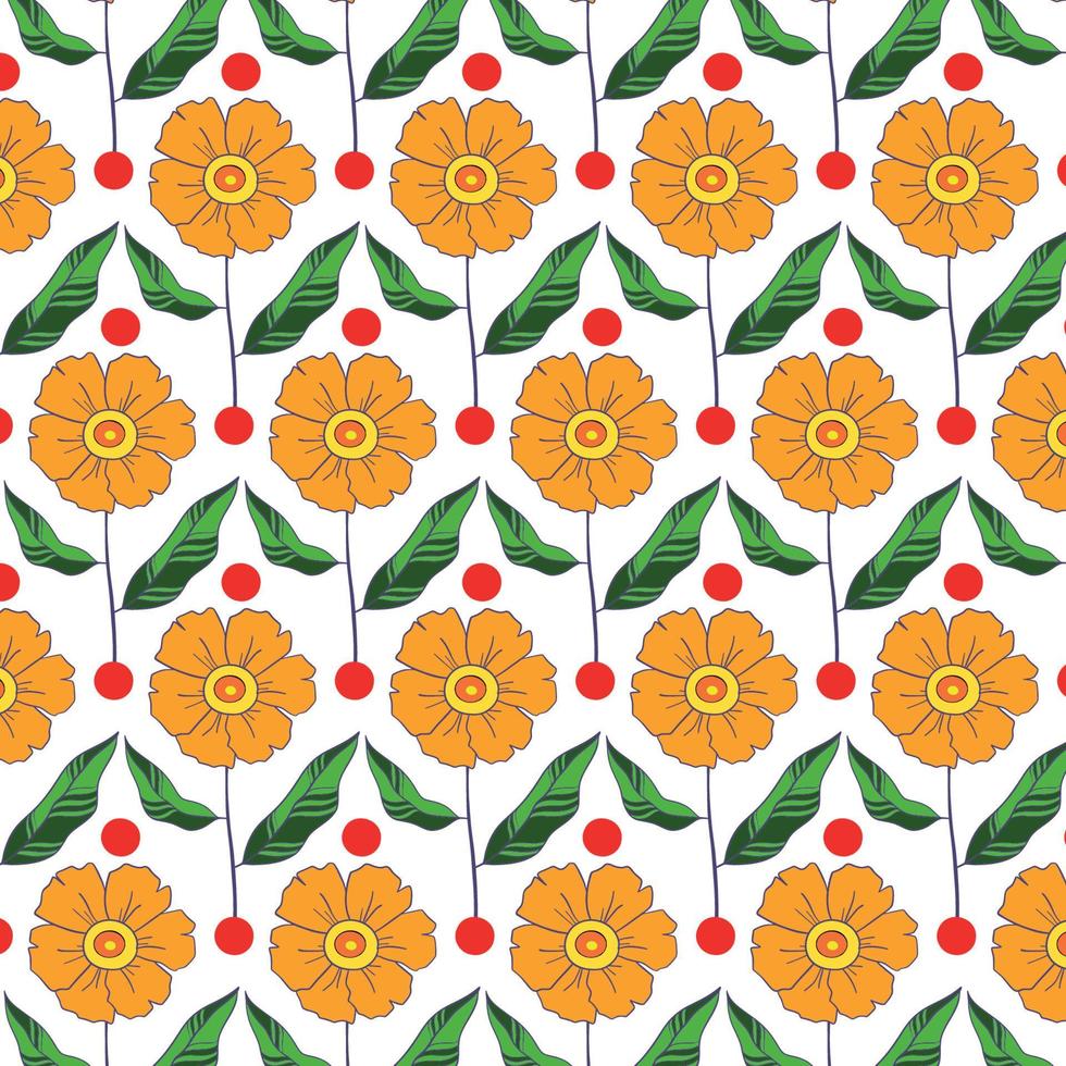 Cute floral pattern. Seamless vector texture. An elegant template for fashionable prints. Print with small yellow flowers, green leaves. white background.