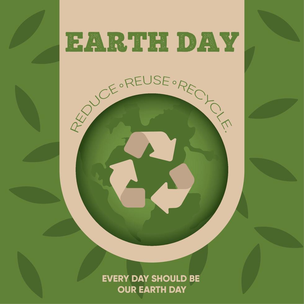 Green poster with planet earth and recyclable symbol Earth day Vector illustration