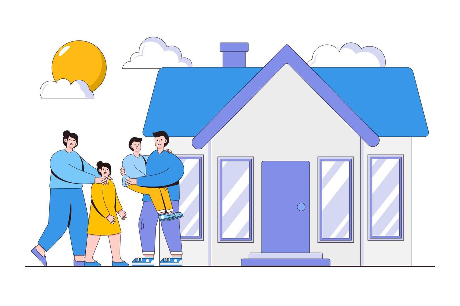 Happy family in front of house concept. Mother father daughter son holding hands and hugging. Outline design style minimal vector illustration for landing page, web banner, infographics, hero images