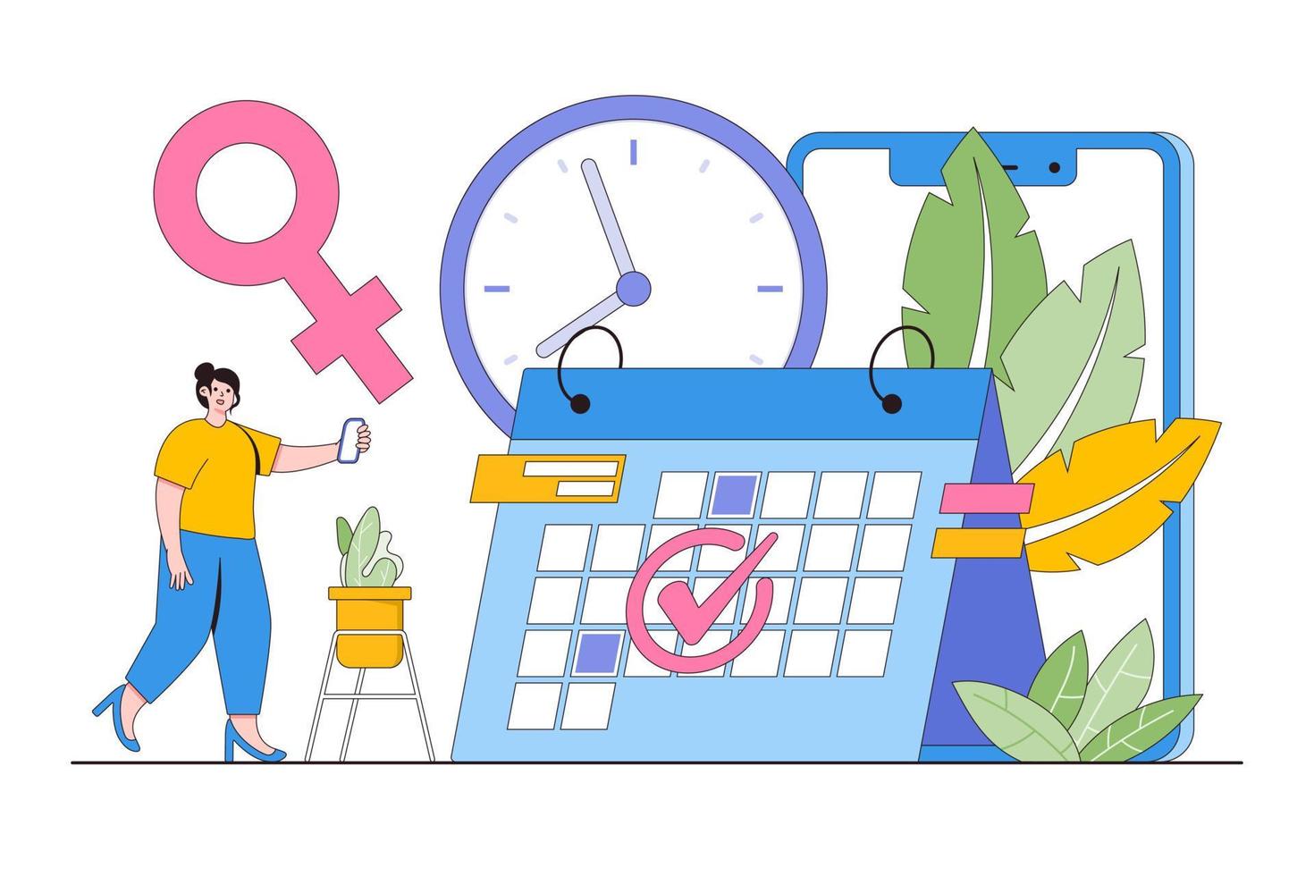 aplicación para rastreo menstrual ciclo y ovulación concepto. joven mujer marcas el fecha de su período en el en línea calendario. mínimo vector ilustración para aterrizaje página, web bandera, héroe imágenes