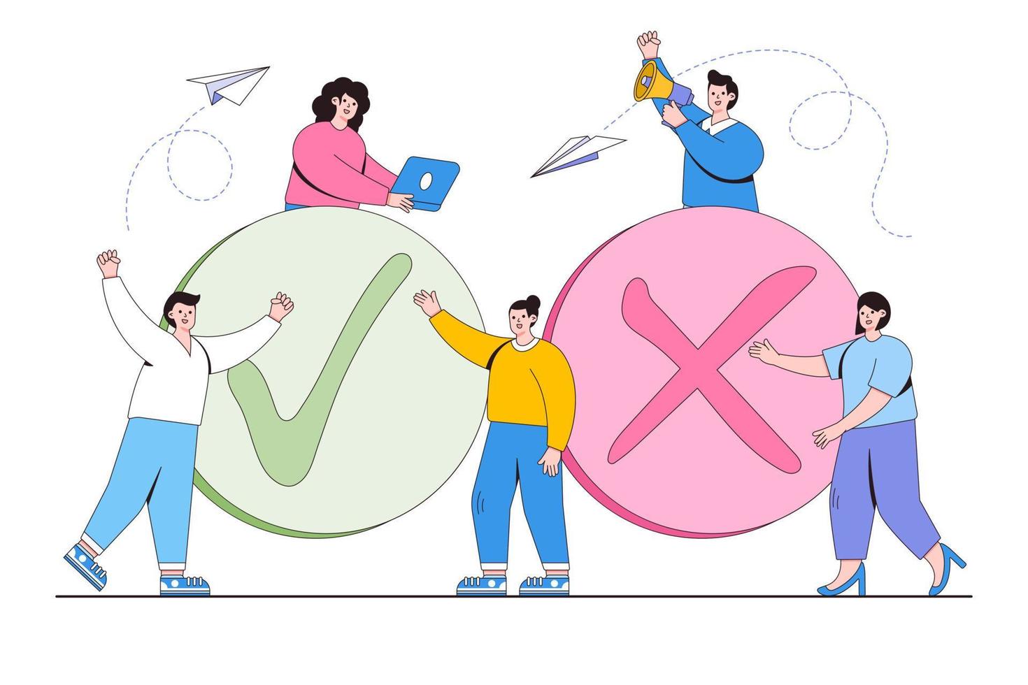 Filling completed not completed, marking important dates and tasks, team thinking and brainstorming. Outline design minimal vector illustration for landing page, web banner, infographics, hero images