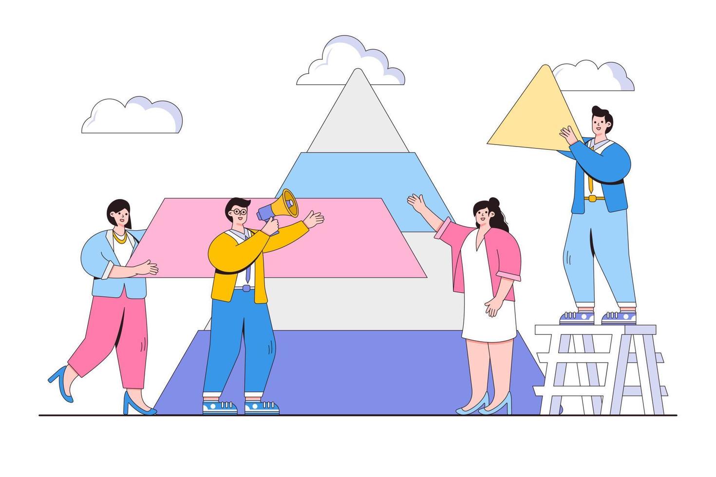 Teamwork, cooperation, partnership, advancement concept. Business people connect the elements of the pyramid. Minimal vector illustration for landing page, web banner, infographics, hero images
