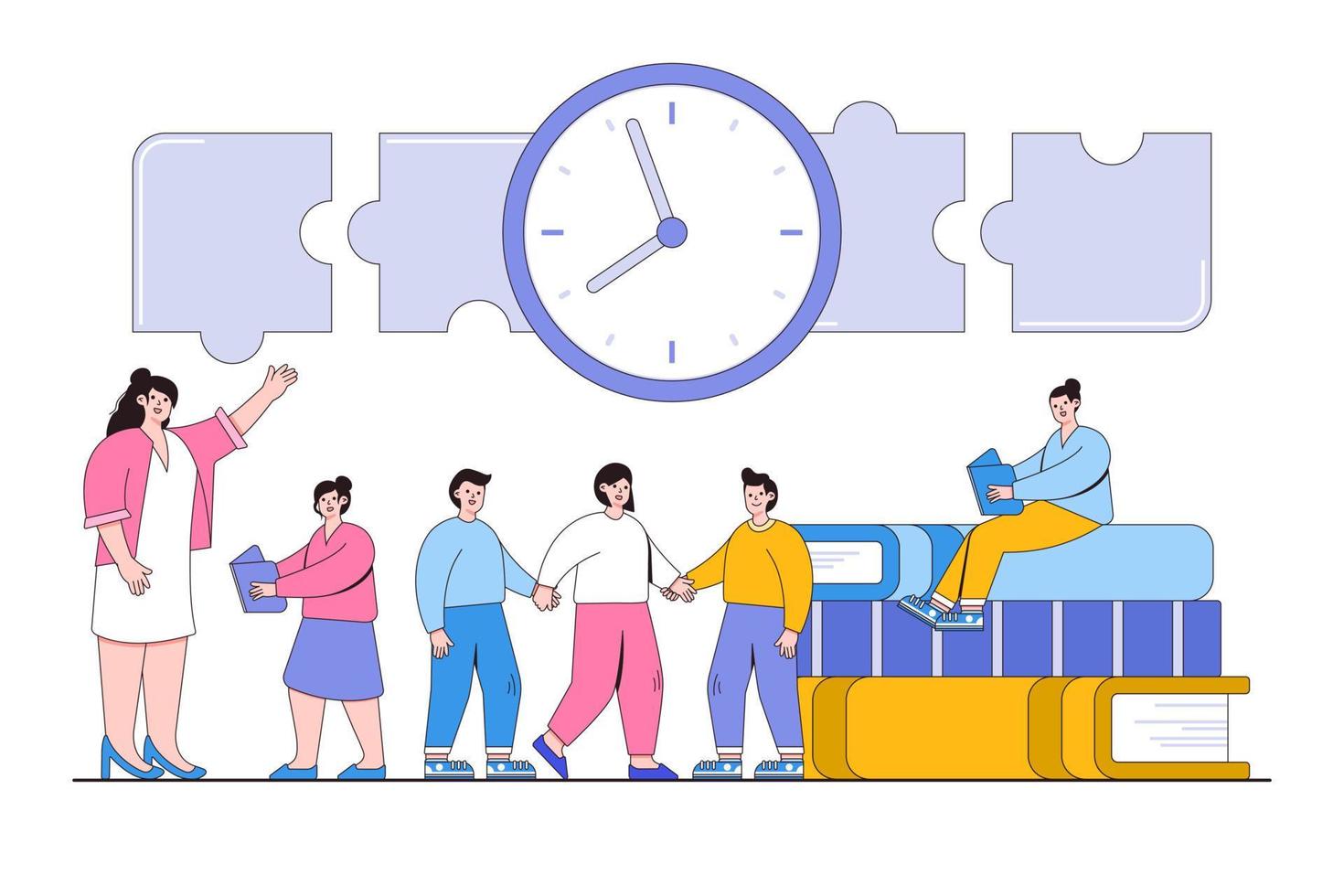 Educator teaching children to acquire knowledge from books concept. Play and communication at recess. Outline design style vector illustration for landing page, web banner, infographics, hero images