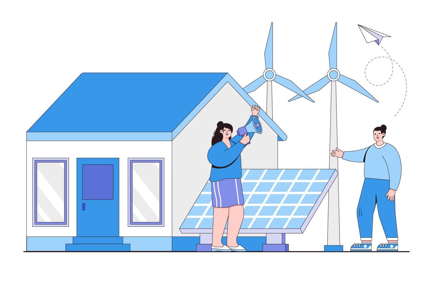Environmentally friendly traditional house concept. Energy from solar panels and windmills and save nature. Outline design style minimal vector illustration for landing page, web banner, hero images