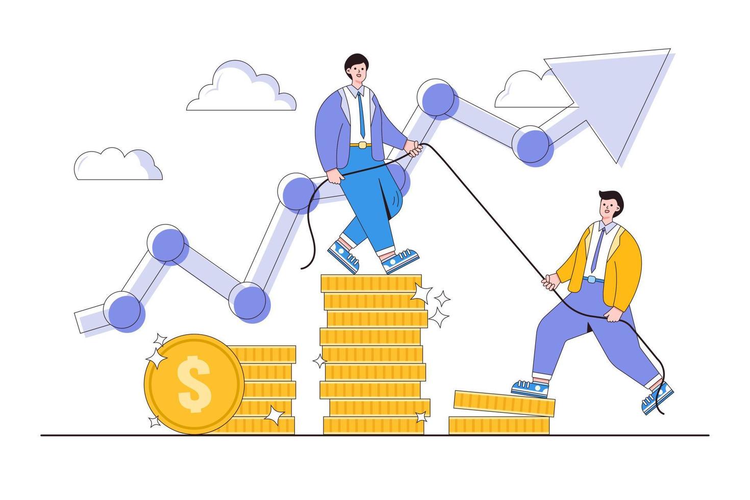 Career growth to success, teamwork, support and motivation concept. Man helping another climb to the top of coins. Minimal vector illustration for landing page, web banner, infographics, hero images