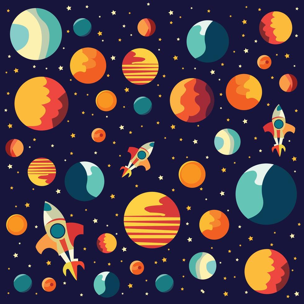 A set of space themed wallpapers with planets and rockets. vector