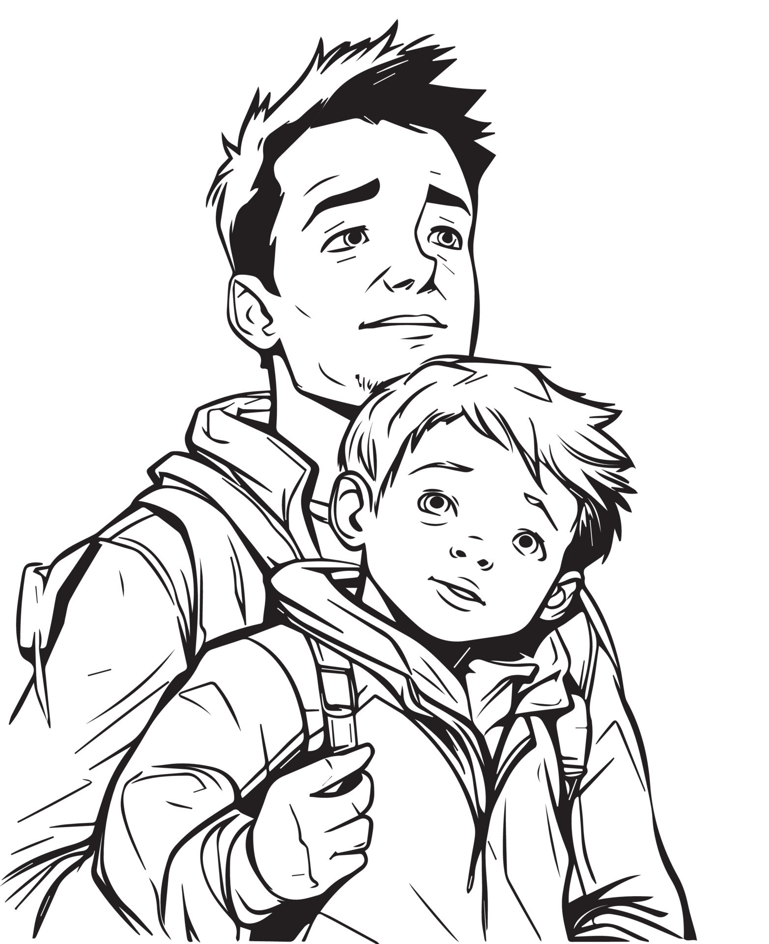 Hand drawn vector coloring page of father and son, Coloring page for