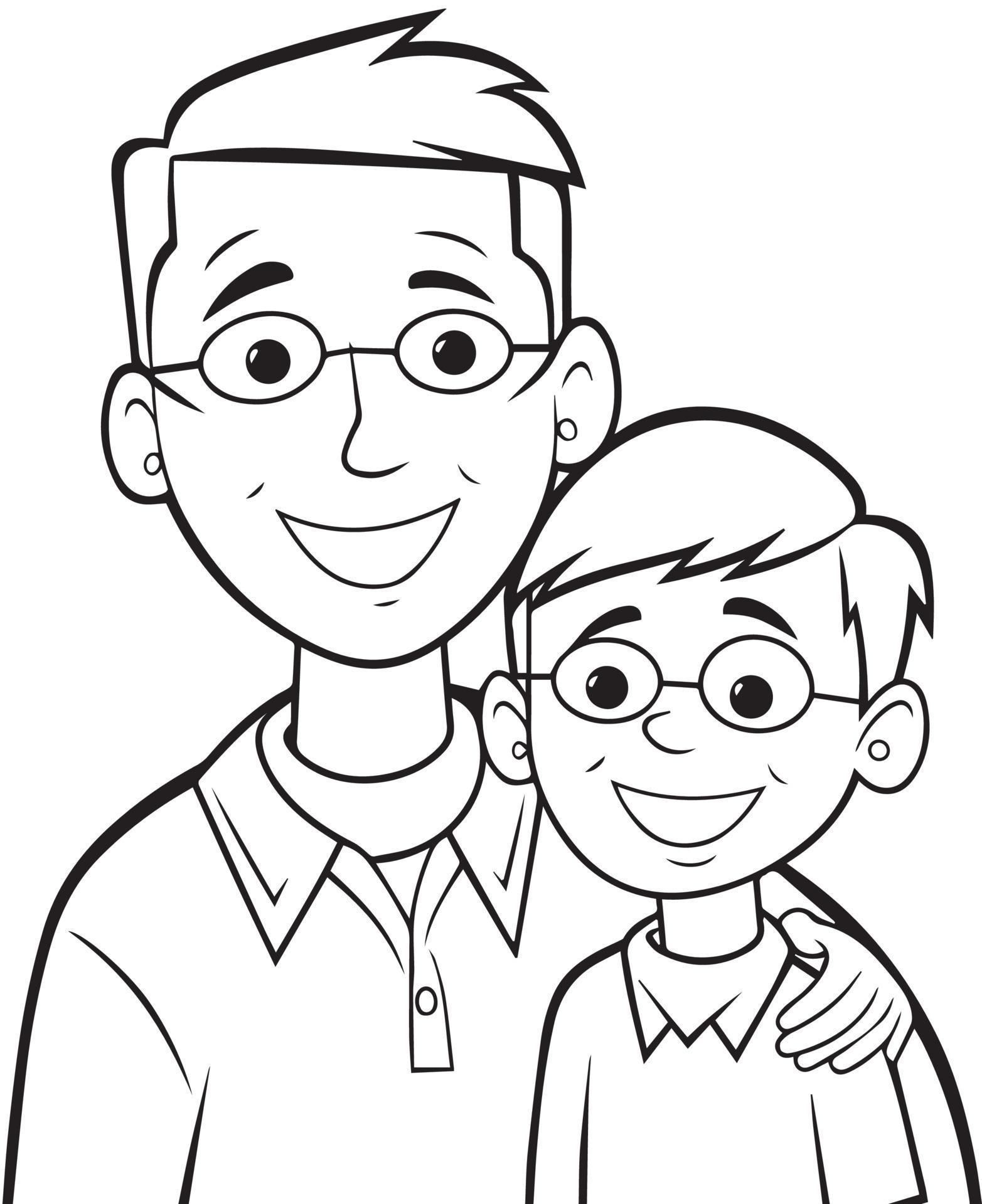 Hand drawn vector coloring page of father and son, Coloring page for